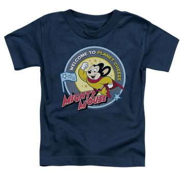 Navy kid's t-shirt for ages 4 to 7 with Mighty Mouse Planet Cheese graphic