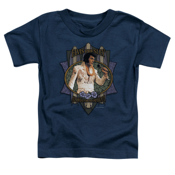 Navy kid's t-shirt for ages 4 to 7 with Elvis Presley Aloha From Hawaii graphic