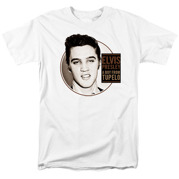 White men's regular fit t-shirt with Elvis Presley Tupelo graphic