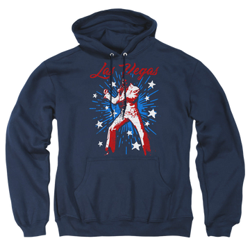 Navy pullover hoodie with Elvis Presley Vegas Superstar graphic