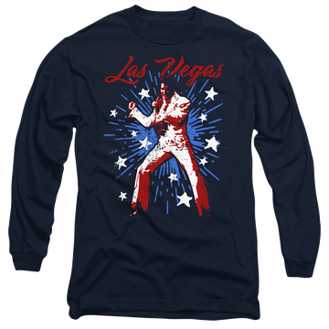 Navy men's long sleeve t-shirt with Elvis Presley Vegas Superstar graphic