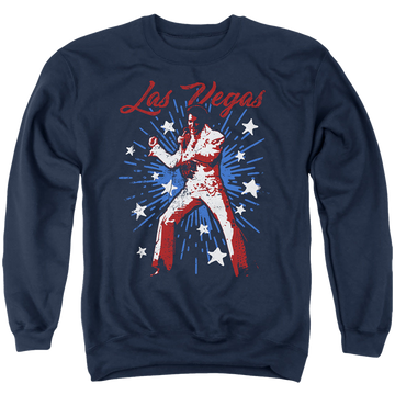 Navy men's crewneck sweatshirt with Elvis Presley Vegas Superstar graphic