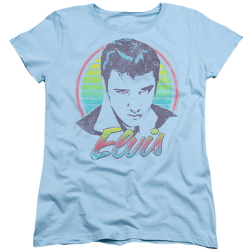 Light blue women's t-shirt with Elvis Presley Pastel Neon graphic