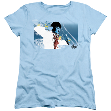 Light blue women's t-shirt with Elvis Presley Vegas Rock Me graphic