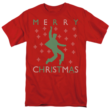 Red men's regular fit t-shirt with Elvis Presley Dancing Ugly Christmas graphic