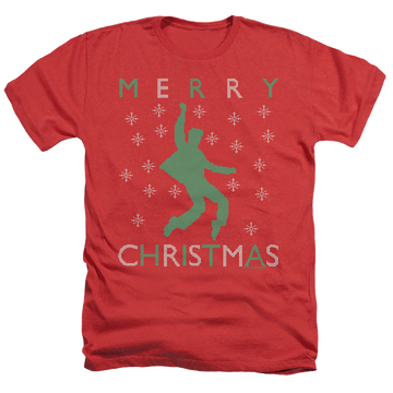 Red men's heather t-shirt with Elvis Presley Dancing Ugly Christmas graphic