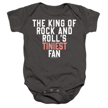 Charcoal baby bodysuit with Elvis Presley Tiniest Fan graphic