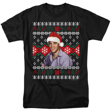 Black men's regular fit t-shirt with Elvis Presley Ugly Christmas Sweater graphic