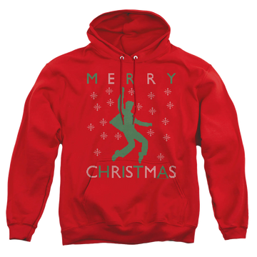 Red pullover hoodie with Elvis Presley Dancing Ugly Christmas graphic