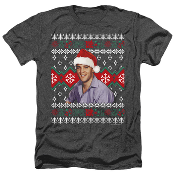 Black men's heather t-shirt with Elvis Presley Ugly Christmas Sweater graphic