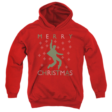 Red youth hoodie for ages 8 to 12 with Elvis Presley Dancing Ugly Christmas graphic