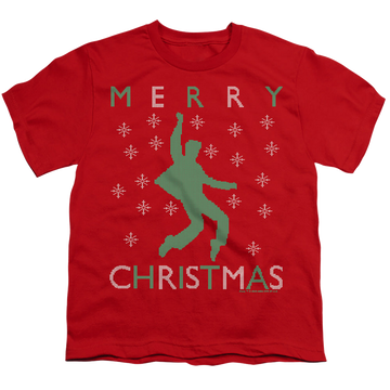 Red youth t-shirt for ages 8 to 12 with Elvis Presley Dancing Ugly Christmas graphic