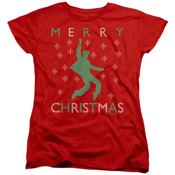 Red women's t-shirt with Elvis Presley Dancing Ugly Christmas graphic