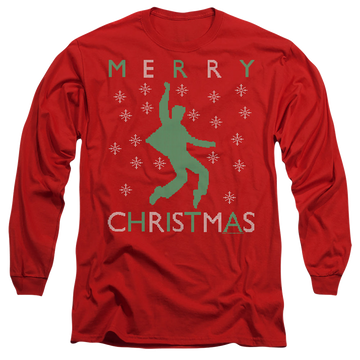 Red men's long sleeve t-shirt with Elvis Presley Dancing Ugly Christmas graphic