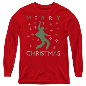 Red youth long sleeve t-shirt with Elvis Presley Dancing Ugly Christmas graphic