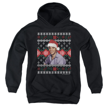 Black youth hoodie for ages 8 to 12 with Elvis Presley Ugly Christmas Sweater graphic