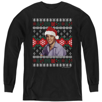 Black youth long sleeve t-shirt with Elvis Presley Ugly Christmas Sweater graphic