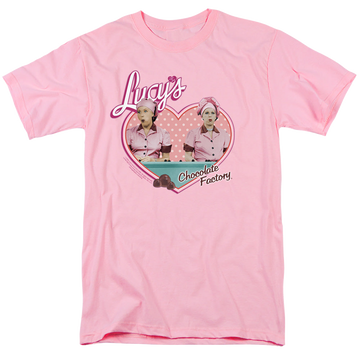 Pink men's regular fit t-shirt with I Love Lucy Chocolate Factory graphic