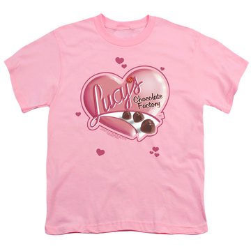 Pink youth t-shirt for ages 8 to 12 with I Love Lucy Chocolate Smudges graphic