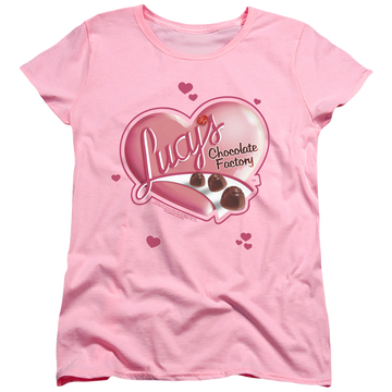 Pink women's t-shirt with I Love Lucy Chocolate Smudges graphic