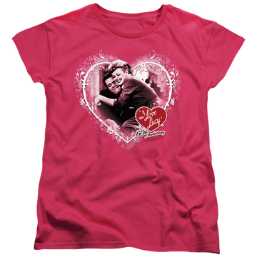 Hot pink women's t-shirt with I Love Lucy Happy Anniversary graphic