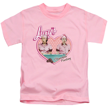 Pink kid's t-shirt for ages 4 to 7 with I Love Lucy Chocolate Factory graphic