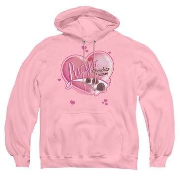 Pink pullover hoodie with I Love Lucy Chocolate Smudges graphic