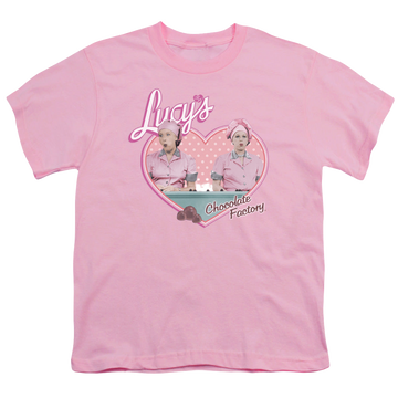 Pink youth t-shirt for ages 8 to 12 with I Love Lucy Chocolate Factory graphic