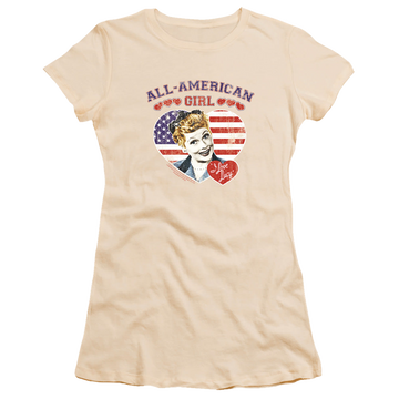 Cream juniors t-shirt with I Love Lucy All American graphic