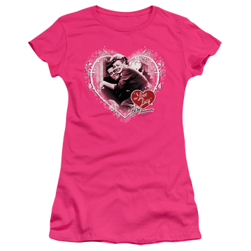 Hot pink juniors t-shirt with I Love Lucy Happy Anniversary graphic