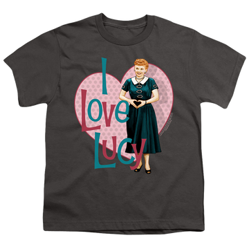 Charcoal youth t-shirt for ages 8 to 12 with I Love Lucy Heart You graphic