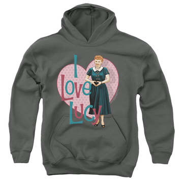 Charcoal youth hoodie for ages 8 to 12 with I Love Lucy Heart You graphic