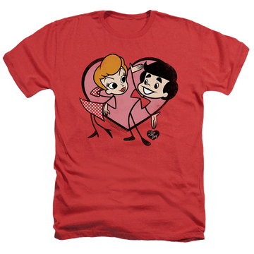 Red men's heather t-shirt with I Love Lucy Cartoon Love graphic