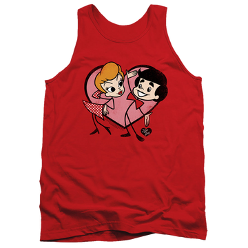 Red men's tank with I Love Lucy Cartoon Love graphic