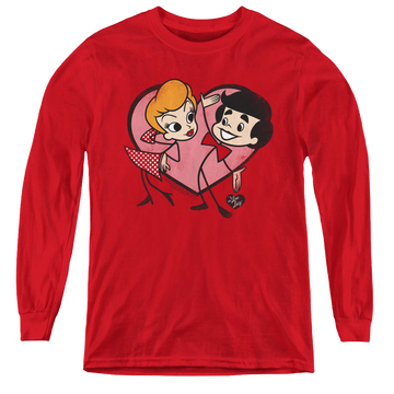 Red youth long sleeve t-shirt with I Love Lucy Cartoon Love graphic