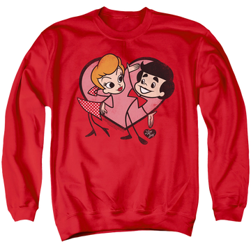 Red men's crewneck sweatshirt with I Love Lucy Cartoon Love graphic