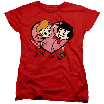 Red women's t-shirt with I Love Lucy Cartoon Love graphic