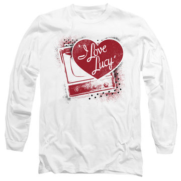 White men's long sleeve t-shirt with I Love Lucy Spray Paint Heart graphic