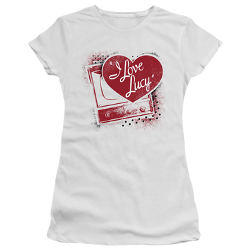 White juniors t-shirt with I Love Lucy Spray Paint Heart graphic