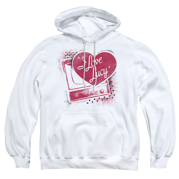 White pullover hoodie with I Love Lucy Spray Paint Heart graphic