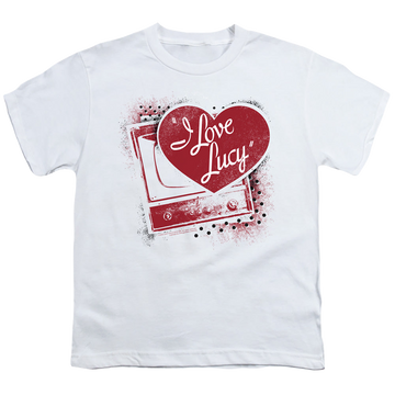White kid's t-shirt for ages 4 to 7 with I Love Lucy Spray Paint Heart graphic