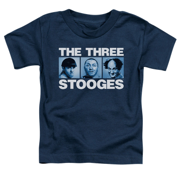 Navy kid's t-shirt for ages 4 to 7 with The Three Stooges Three Squares graphic