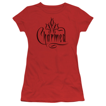Red juniors t-shirt with Charmed Logo graphic