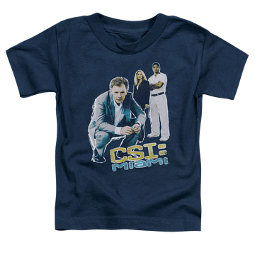 Navy kid's t-shirt for ages 4 to 7 with CSI Miami In Perspective graphic