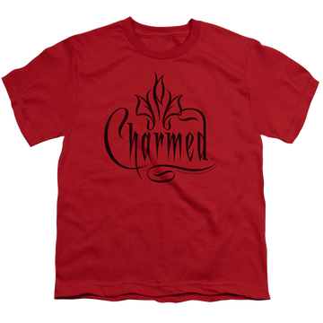 Red youth t-shirt for ages 8 to 12 with Charmed Logo graphic