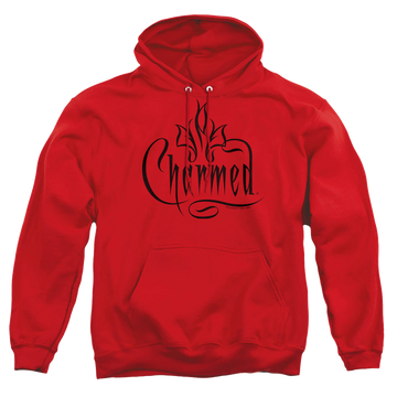 Red pullover hoodie with Charmed Logo graphic