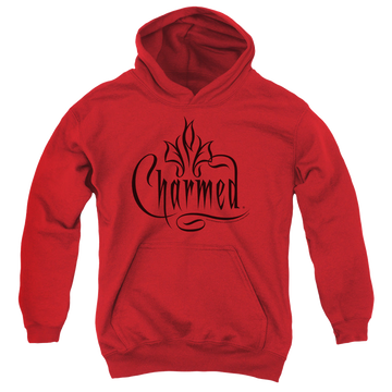 Red youth hoodie for ages 8 to 12 with Charmed Logo graphic