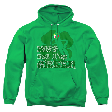 Kelly green pullover hoodie with Gumby Kiss Me Im Green graphic