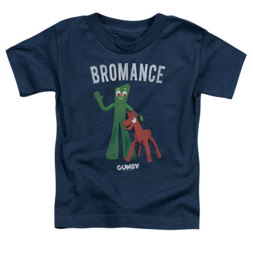 Navy kid's t-shirt for ages 4 to 7 with Gumby Bromance graphic