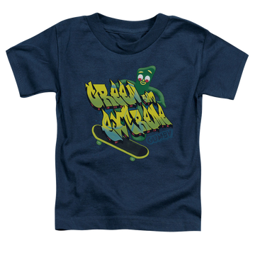 Navy kid's t-shirt for ages 4 to 7 with Gumby Green And Extreme graphic